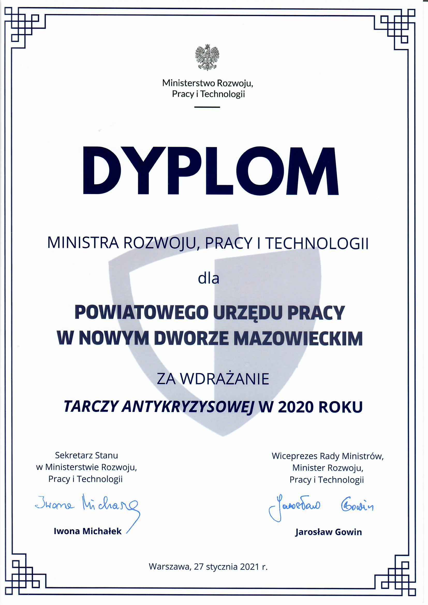 Dyplom Ministra Rozwoju, Pracy i Technologii dla Powiatowego Urzędu Pracy w Nowym Dworze Mazowieckim za wdrażanie Tarczy Antykryzysowej w 2020 roku