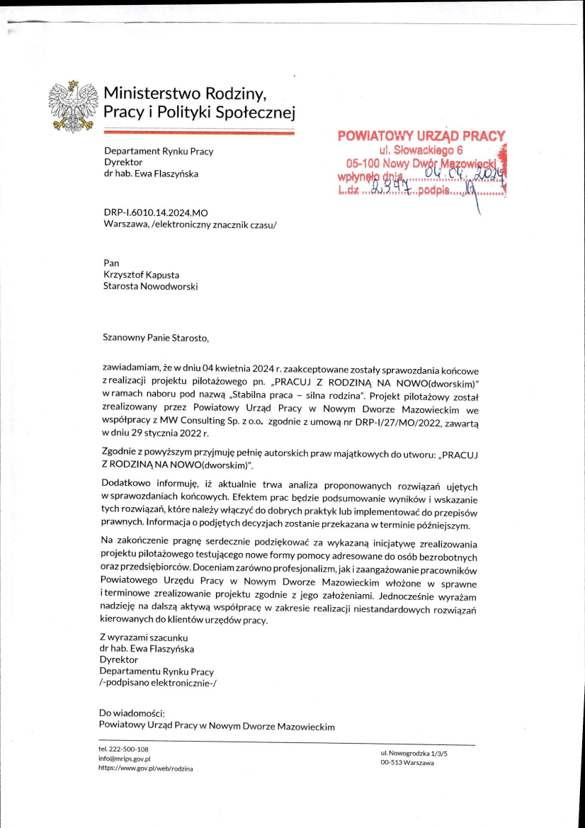 pismo MRPiPS o akceptacji sprawozdań z realizacji projektu pilotażowego