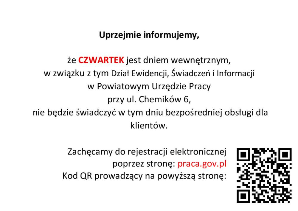 Uprzejmie informujemy, że dział Ewidencji, Świadczeń i Informacji przy ul. Chemików 6 w Nowym Dworze Mazowieckim nie będzie świadczył bezpośredniej obsługi dla klientów w czwartki.