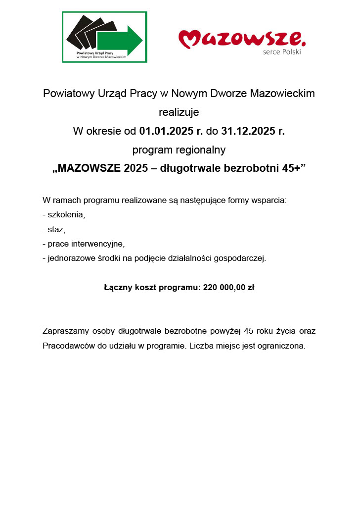 Realizacja programu Mazowsze 2025 dla osób długotrwale bezrobotnych w wieku 45+ w okresie 01.01.2025 do 31.12.2025.